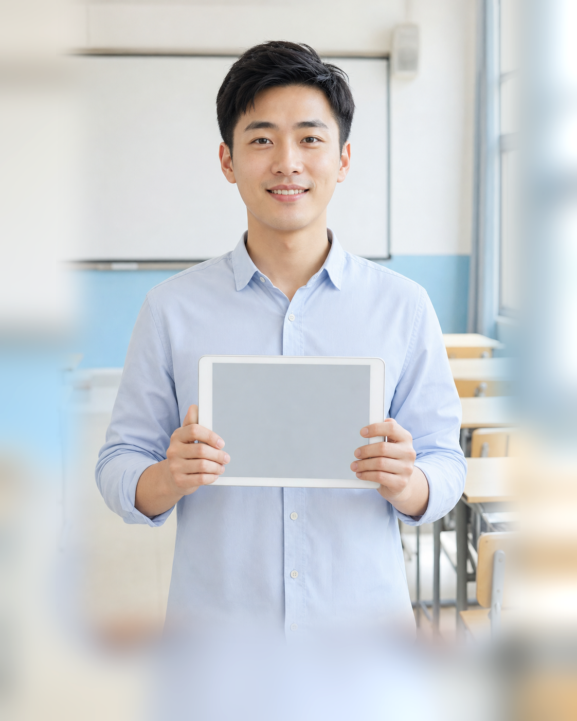 年轻高中教师在明亮教室中查看教学资料
